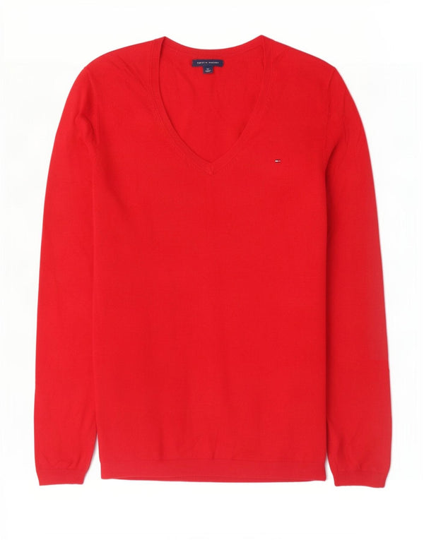 Tommy Hilfiger Dame V-hals sweater UK 10 Lille Rød Bomuld