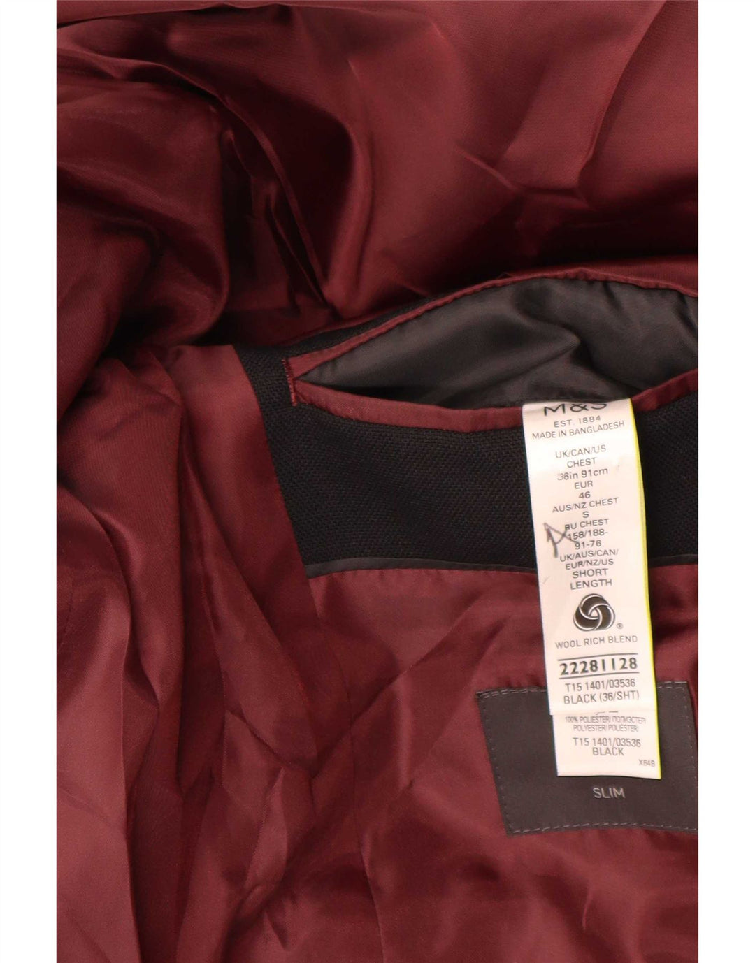 Marks & Spencer Herre 2 Button Slim Blazer Jacket UK 36 Small Black Wool