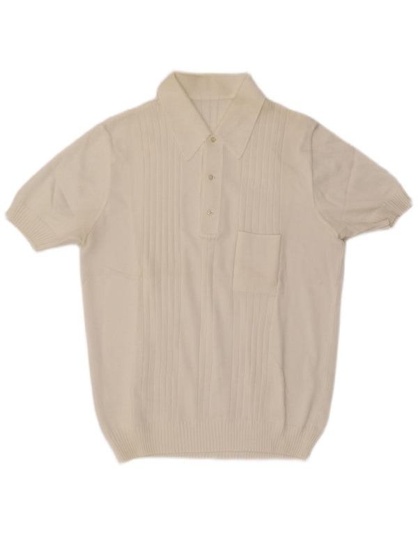 Vintage Mens Short Sleeve Polo Neck Jumper Sweater Medium White