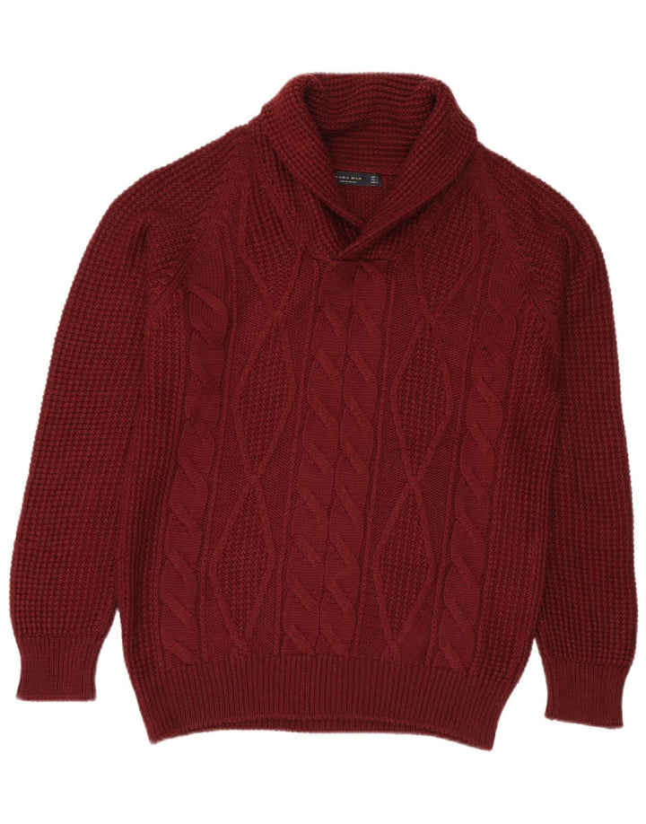 Zara Herre Sjal Hals Jumper Sweater Stor rødbrun akryl