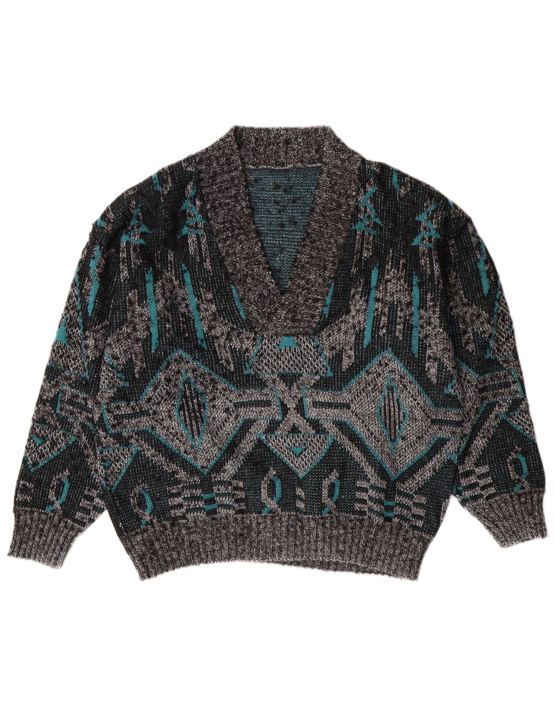 VINTAGE Herre V-hals sweater Stor Grå Geometrisk