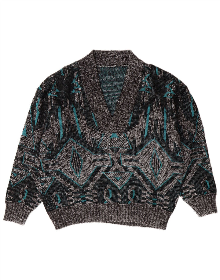 VINTAGE Herre V-hals sweater Stor Grå Geometrisk