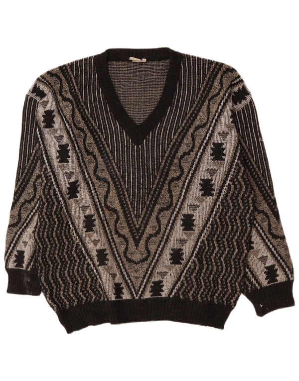 Vintage Herre V-hals sweater Stor Grå Geometrisk