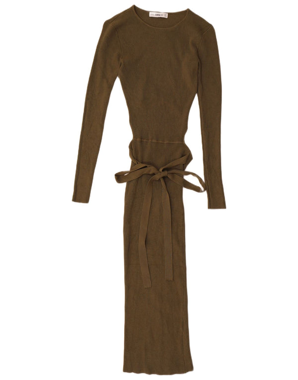 Zara Dame Langærmet Maxi Bodycon Kjole UK 8 Small Khaki Viscose