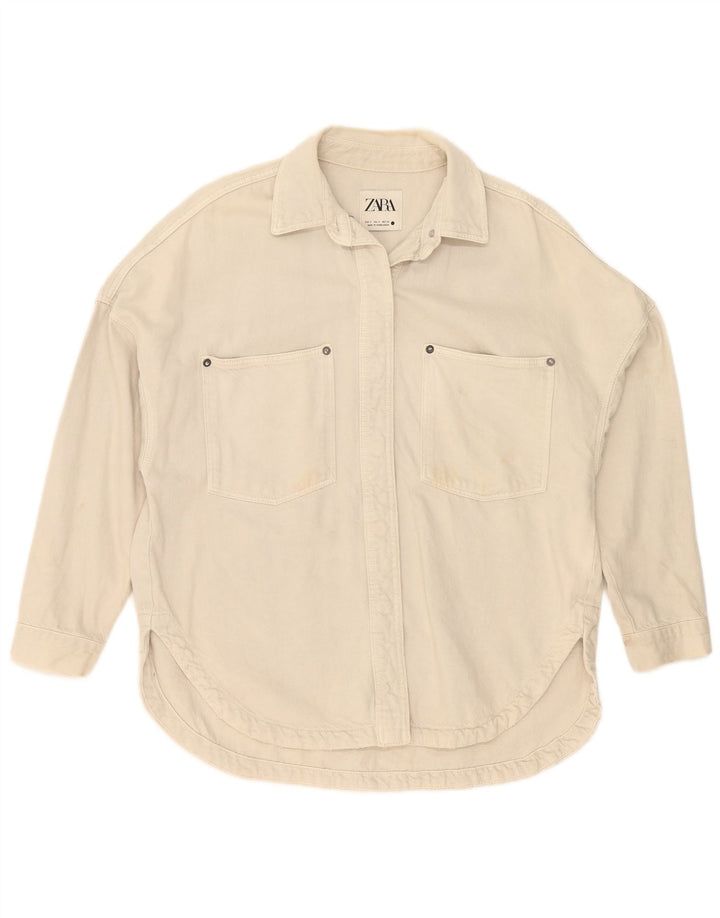 Zara Dame Oversized Denim Shirt UK 10 Small Beige Bomuld