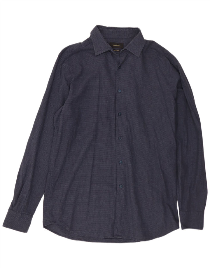 Massimo Dutti Mens Shirt Large Navy Blue Houndstooth Cotton