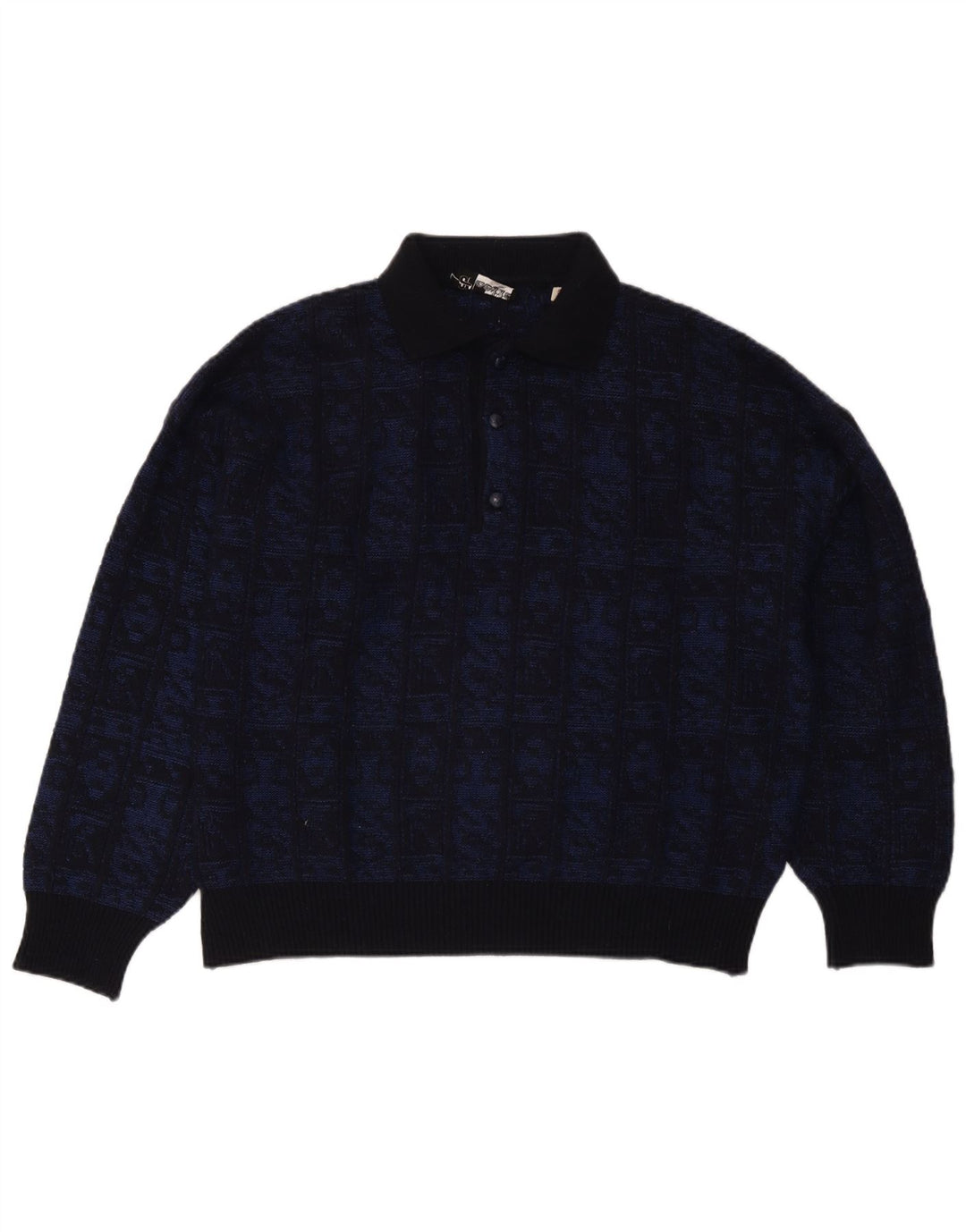 Aeffe Herre Polo Neck Jumper Sweater IT 50 Medium Marineblå Geometrisk Uld