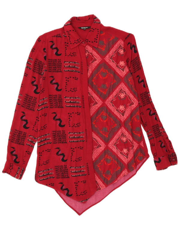 Desigual Dame Loose Fit Asymmetrisk Skjorte UK 6 XS Red Geometric Viscose