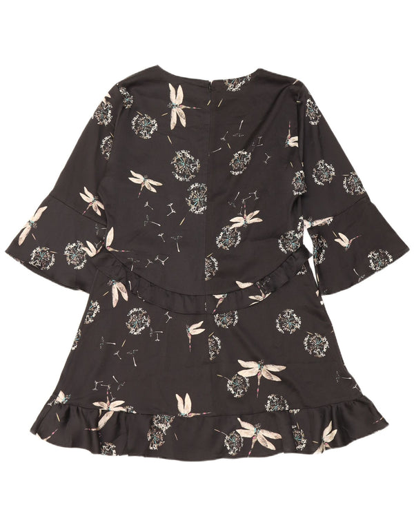 Zara Dame 3/4 ærmet A-line Kjole UK 18 XL Sort Blomster