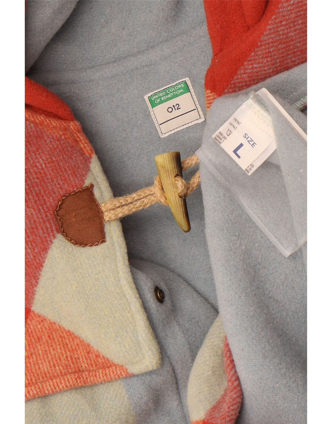 Benetton Dame Hooded Duffel Coat UK 16 Stor flerfarvet Plaid Uld