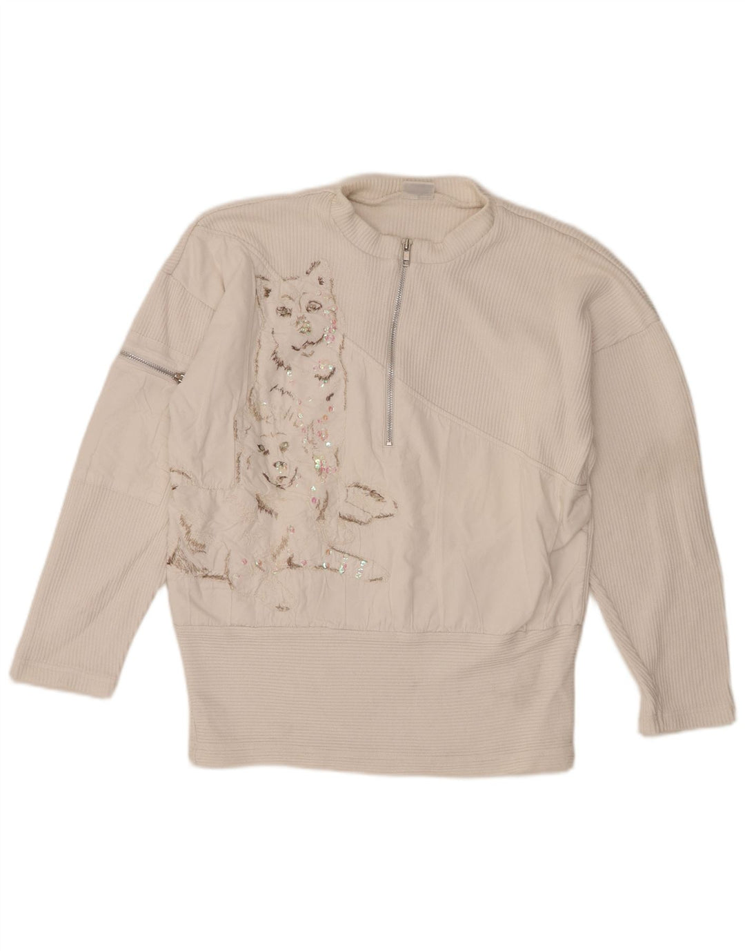 Together Dame Grafisk Zip Neck Jumper Sweater UK 10/12 Medium White