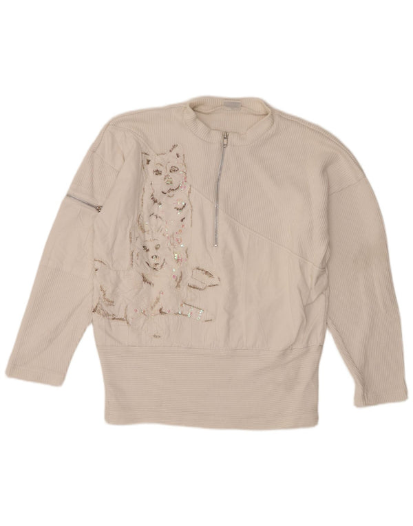 Together Dame Grafisk Zip Neck Jumper Sweater UK 10/12 Medium White