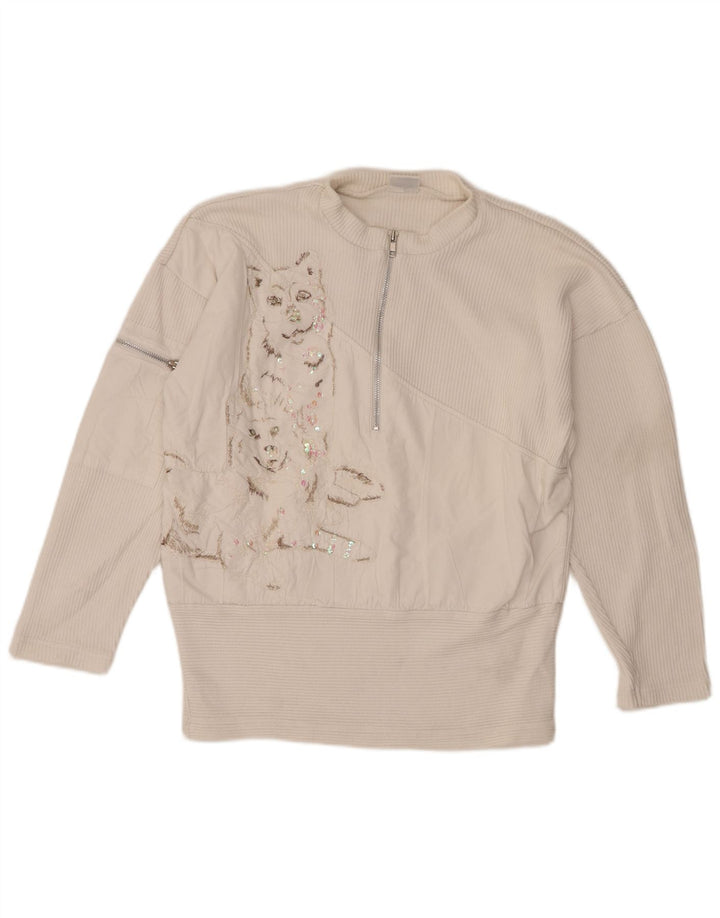 Together Dame Grafisk Zip Neck Jumper Sweater UK 10/12 Medium White