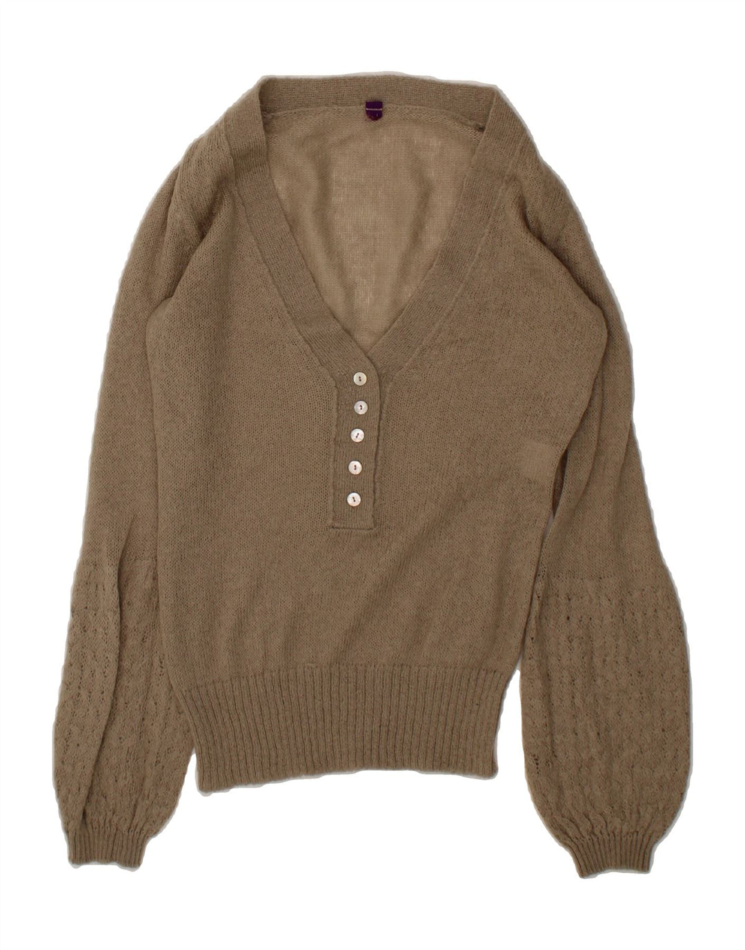 VINTAGE Womens V-Neck Jumper Sweater UK 14 Medium Beige Acrylic Vintage Vintage and Second-Hand Vintage from Messina Hembry 