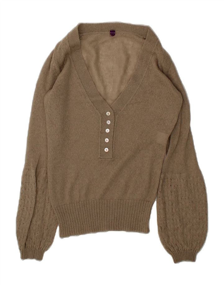 VINTAGE Womens V-Neck Jumper Sweater UK 14 Medium Beige Acrylic Vintage Vintage and Second-Hand Vintage from Messina Hembry 