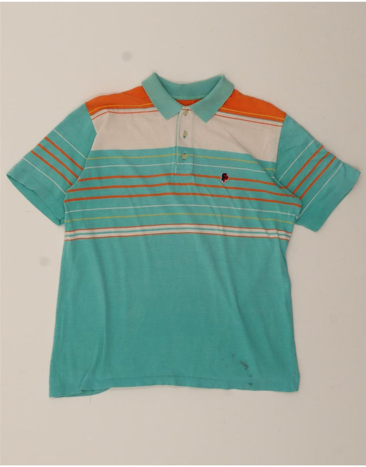 VINTAGE Mens Polo Shirt Small Turquoise Striped Vintage Vintage and Second-Hand Vintage from Messina Hembry 