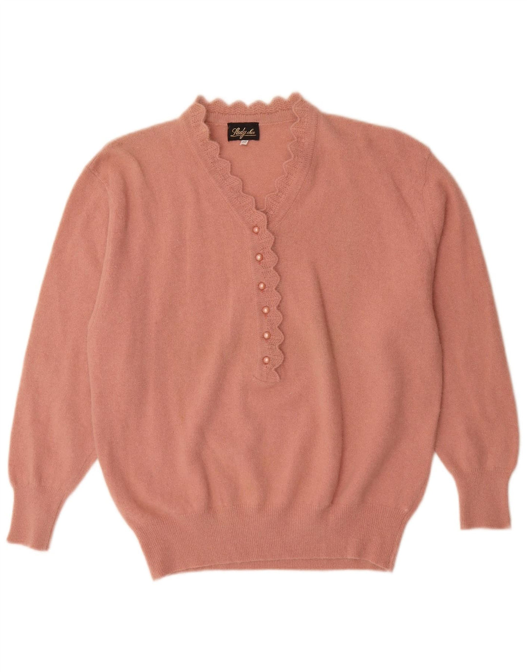 Vintage Dame Button Neck Jumper Sweater IT 52 2XL Pink Angora