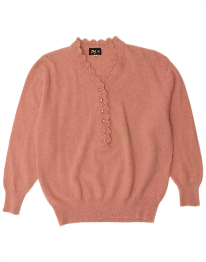 Vintage Dame Button Neck Jumper Sweater IT 52 2XL Pink Angora