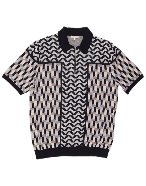 Reiss Kortærmet Herre Polo Neck Jumper Sweater Medium Navy Blue Geometrisk