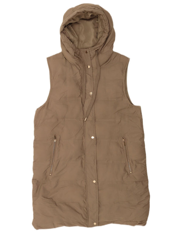 Zara Womens Longline Hooded Padded Gilet UK 14 Medium Khaki Polyester