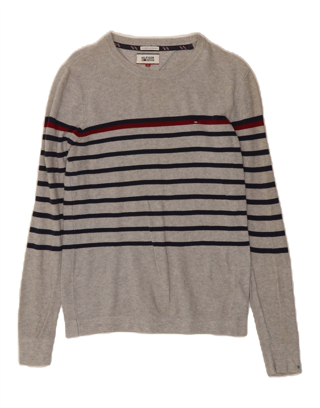TOMMY HILFIGER Mens Crew Neck Jumper Sweater Small Grey Striped Cotton Vintage Tommy Hilfiger and Second-Hand Tommy Hilfiger from Messina Hembry 