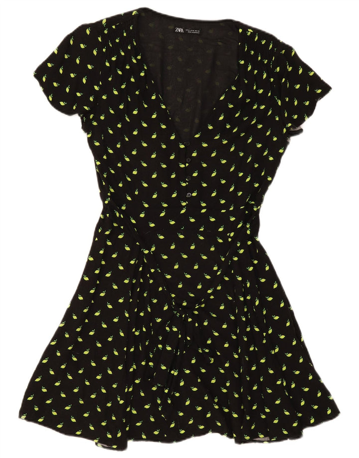 Zara Dame A-Line Kjole UK 12 Medium Sort Plettet