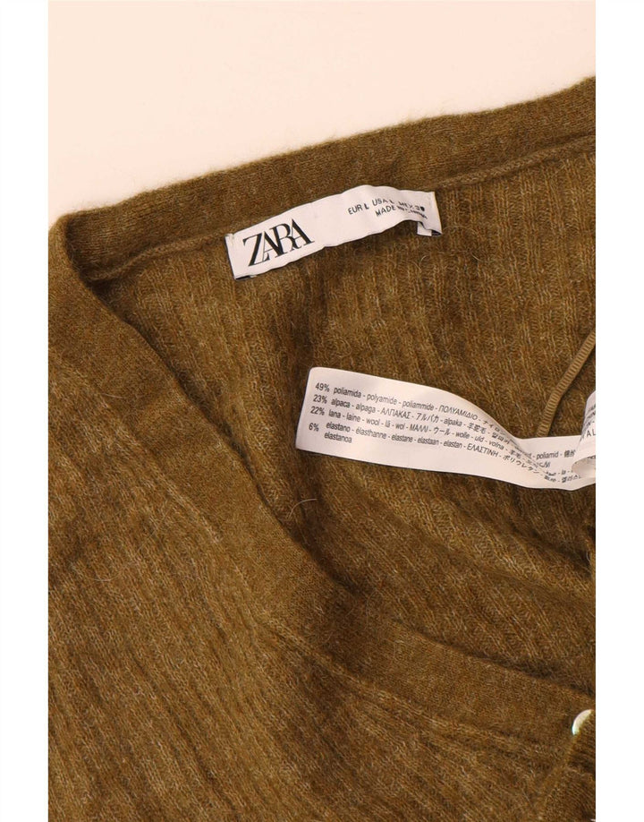 Zara Dame Cardigan Sweater UK 16 Stor Khaki Polyamid