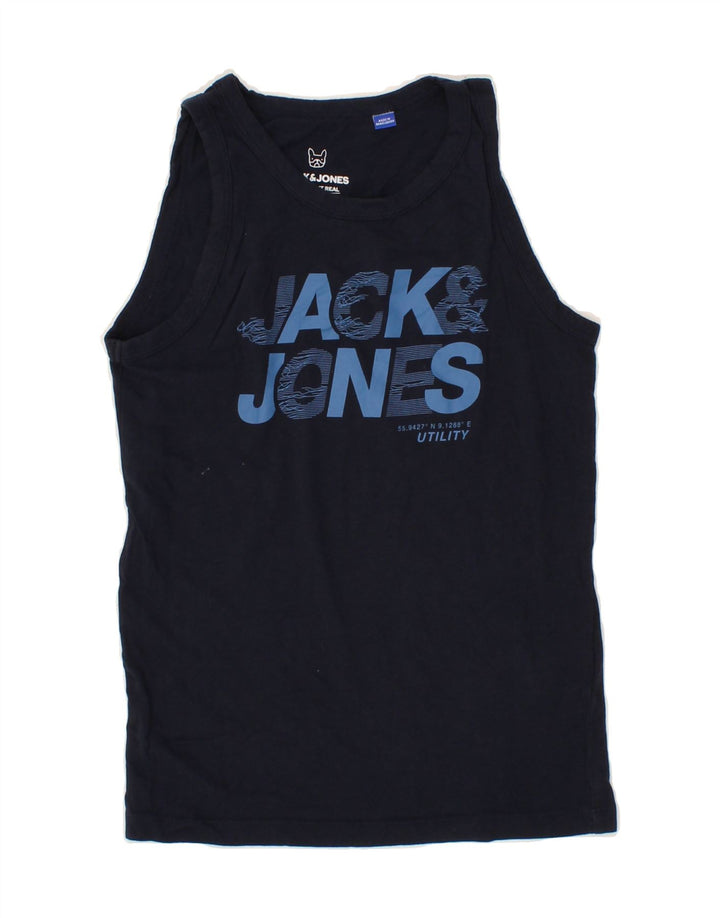 JACK & JONES Boys Graphic Vest Top 11-12 Years Navy Blue Cotton Vintage Jack & Jones and Second-Hand Jack & Jones from Messina Hembry 