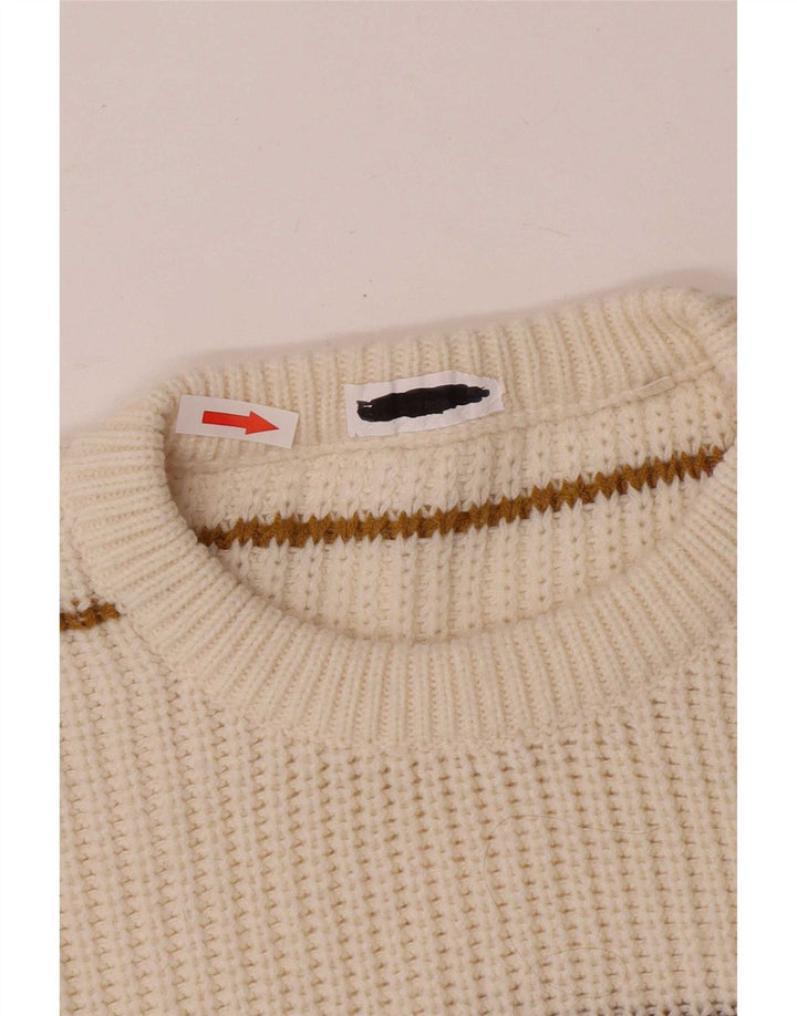 Vintage herre rund hals sweater medium off hvid stribet akryl