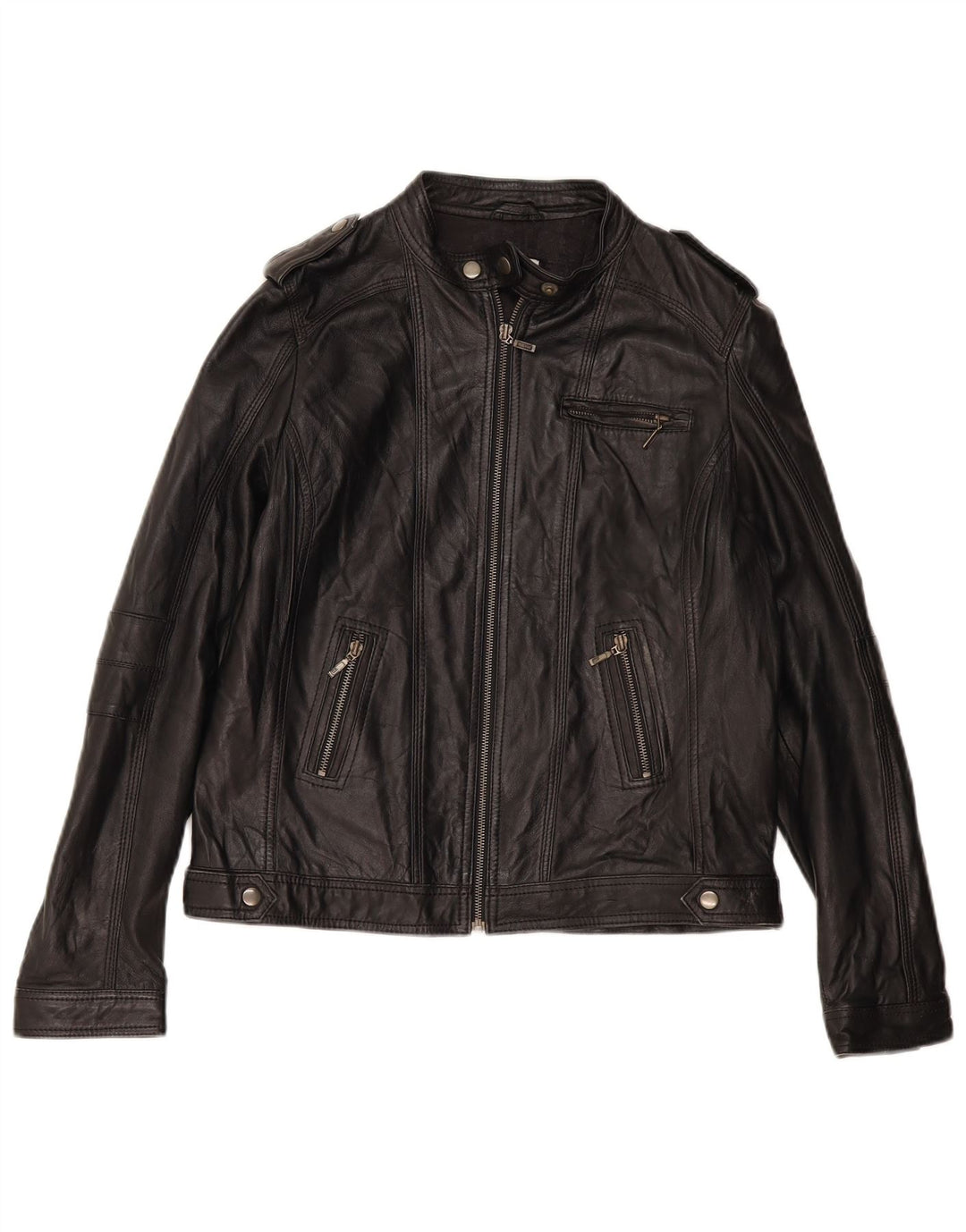 PIMKIE Dame Basic Læder Racer Jakke UK 16 Stor Sort Læder