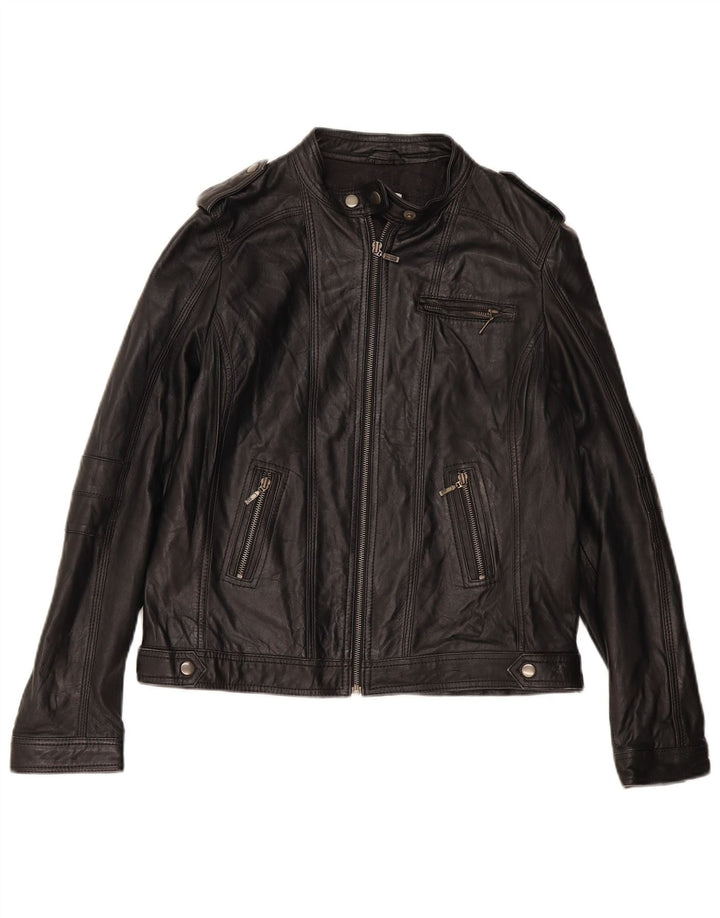 PIMKIE Dame Basic Læder Racer Jakke UK 16 Stor Sort Læder