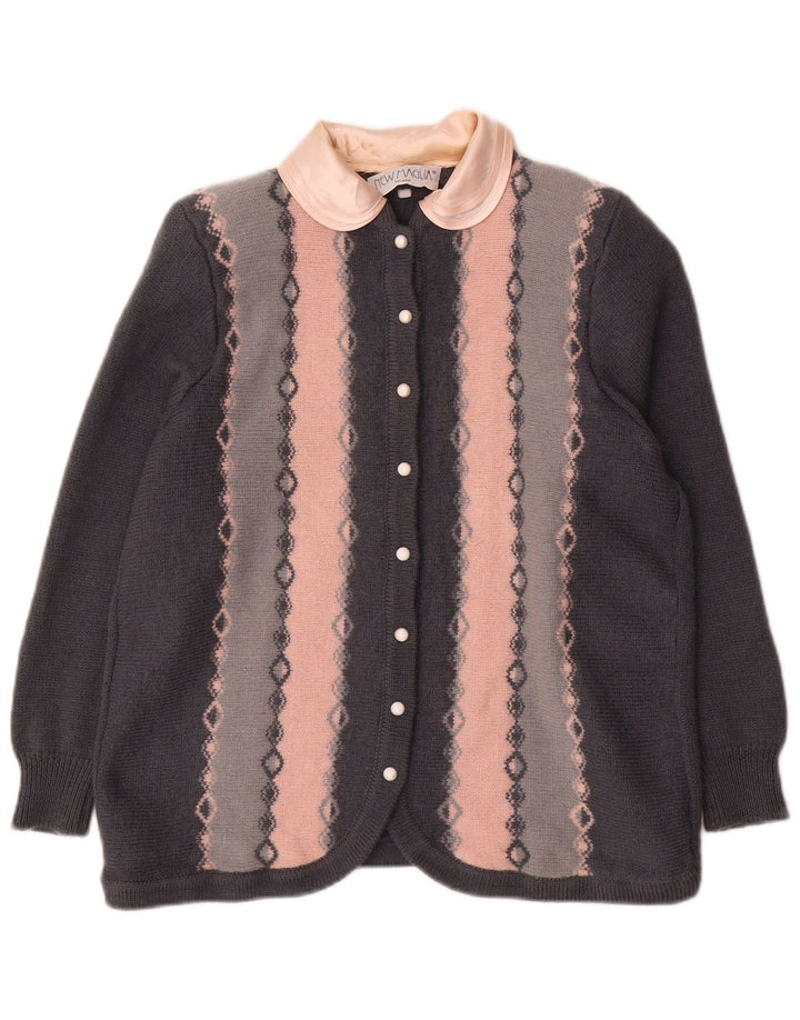 Vintage dame cardigan sweater UK 12 mellemgrå geometrisk uld