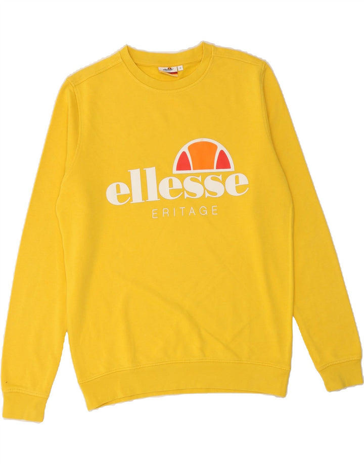 ELLESSE Mens Graphic Sweatshirt Jumper Small Yellow Cotton Vintage Ellesse and Second-Hand Ellesse from Messina Hembry 