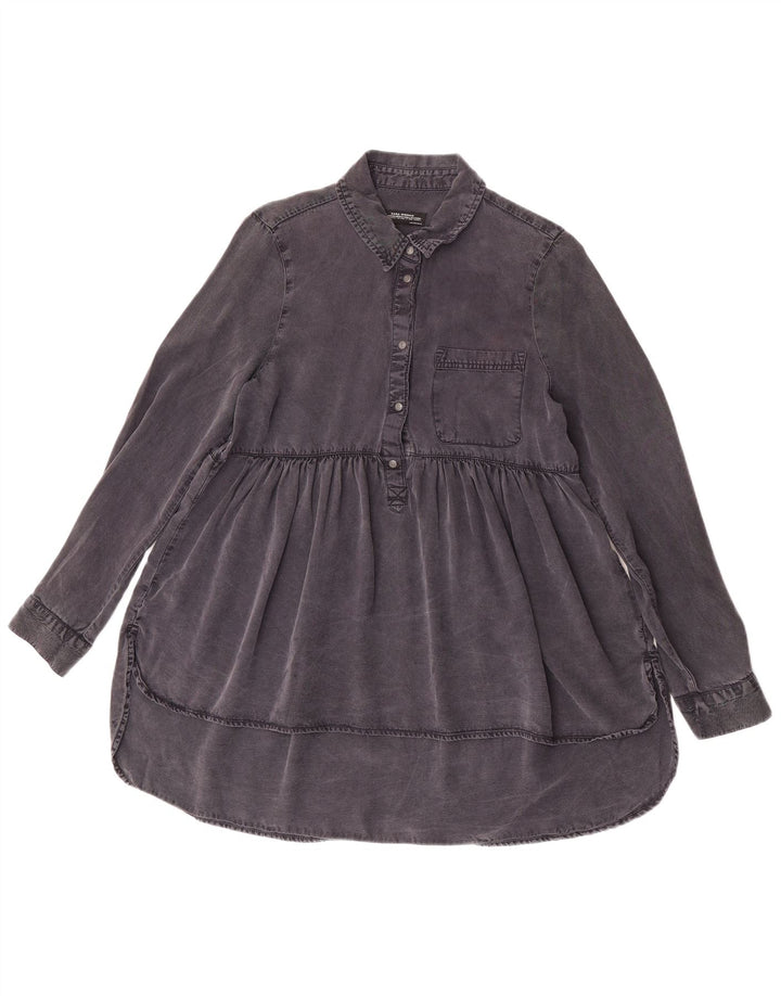 Zara Dame Langærmet Denim Tunika Top UK 10 Lille Sort Lyocell