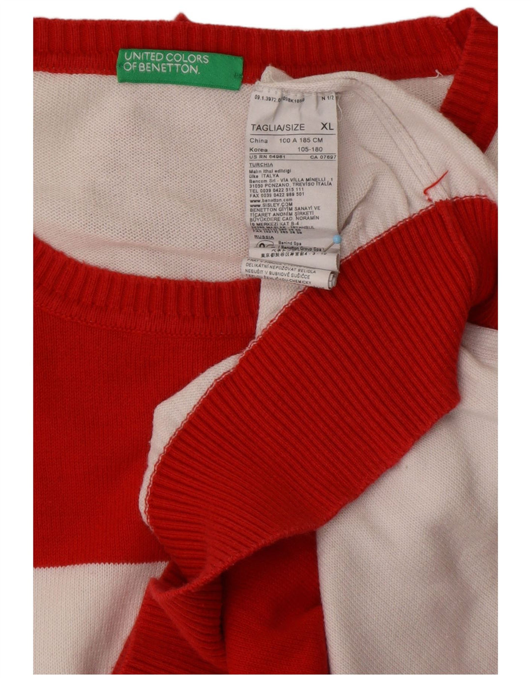 BENETTON Herre sweater med rund hals XL rødstribet bomuld