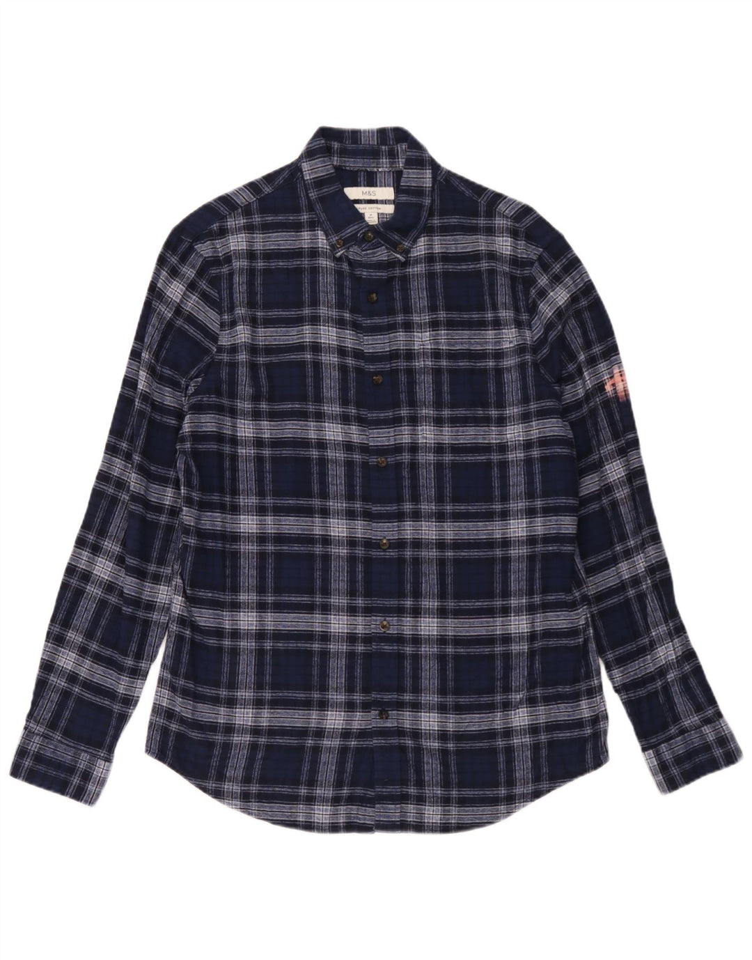 Marks & Spencer Mens Regular Fit Flannel Shirt Medium Navy Blue Check