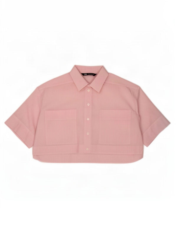 Zara Womens Oversized Crop Short Sleeve Shirt UK 10 Small Pink Pinstripe