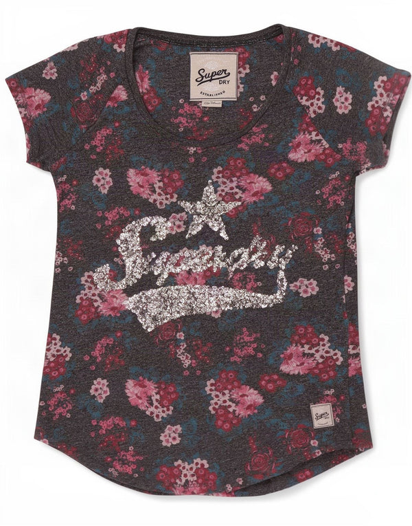 Superdry Grafisk T-shirt top til kvinder UK 6 XS Grå blomsterbomuld