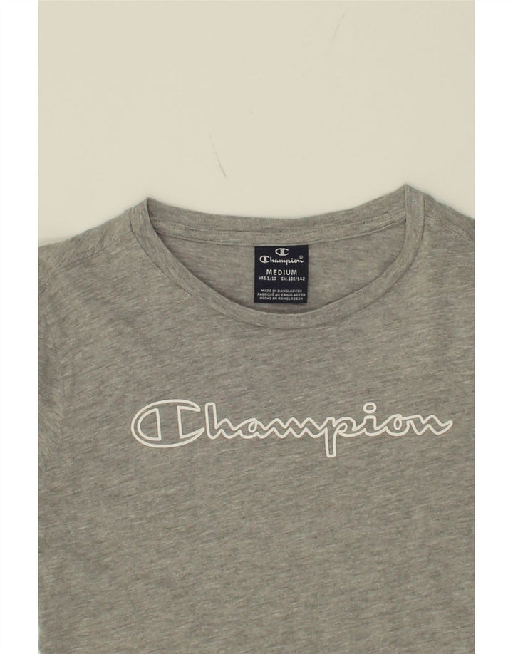 CHAMPION Boys Graphic Top Long Sleeve 9-10 Years Medium Grey Colourblock Vintage Champion and Second-Hand Champion from Messina Hembry 