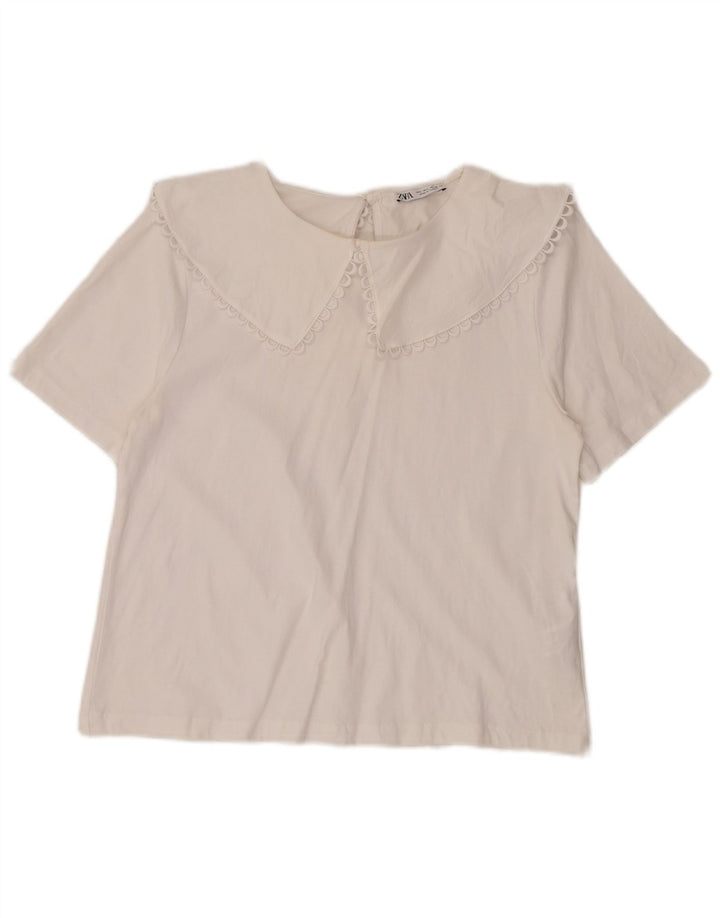 Zara Dame Bluse Top UK 14 Stor Hvid Bomuld