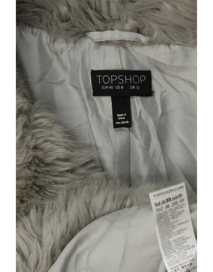 Topshop Dame imiteret Pels Overfrakke UK 12 Medium Grå Modacryl