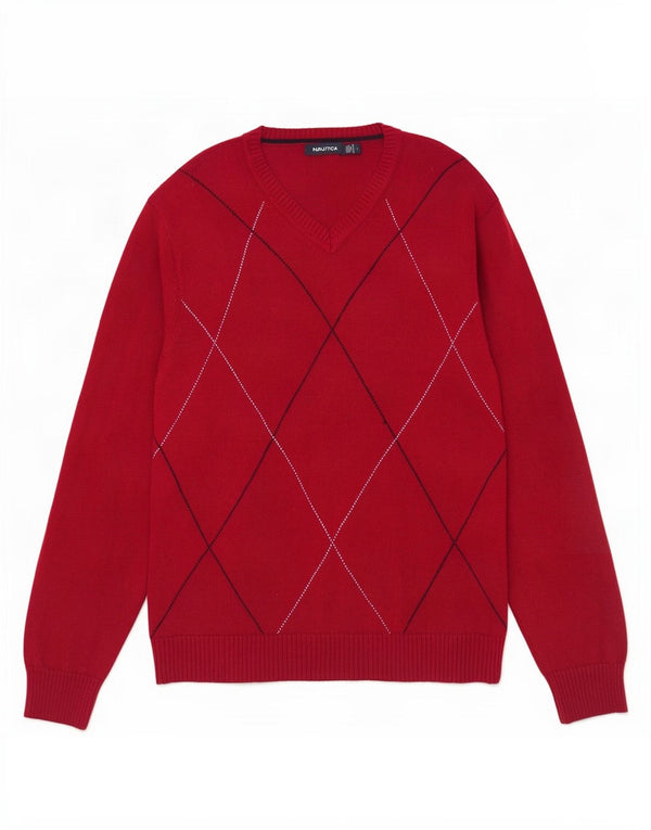 Nautica Herre V-hals sweater Stor rød Argyle/Diamant Bomuld