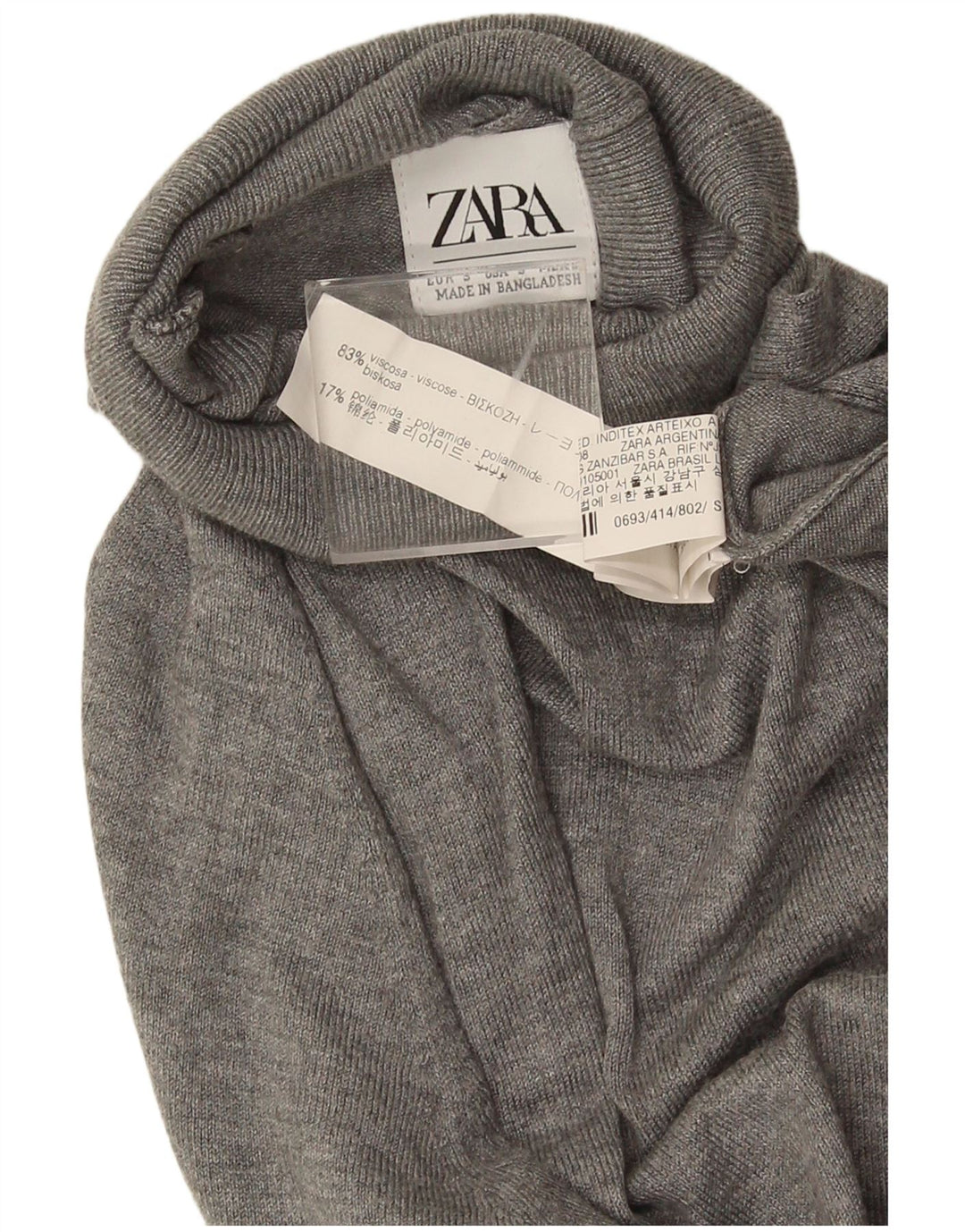 Zara Dame Rullehals Sweater UK 10 Small Grey Viscose
