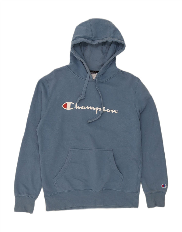 CHAMPION Mens Graphic Hoodie Jumper Medium Blue Vintage Champion and Second-Hand Champion from Messina Hembry 