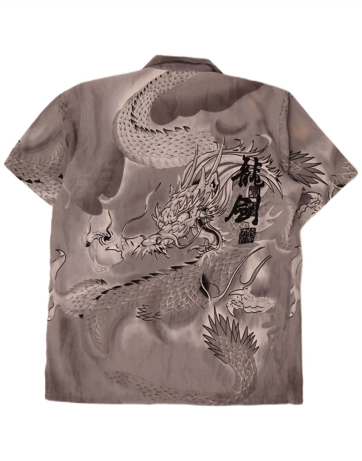 VINTAGE Herre grafisk kortærmet skjorte 2XL grå silke