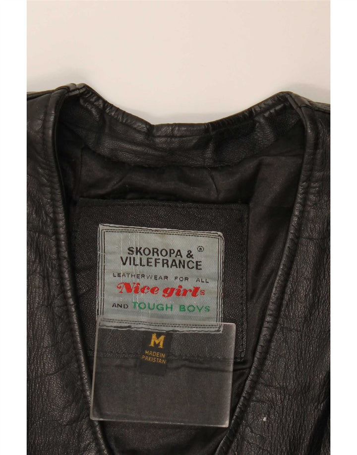 Vintage Dame Læder Gilet UK 12 Medium Sort Læder