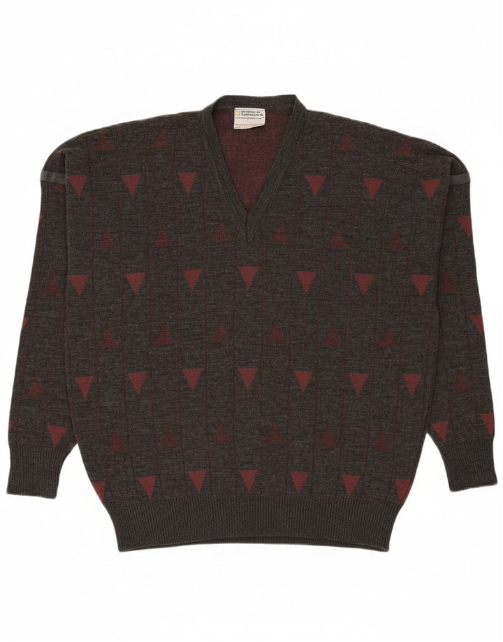 PIERRE SANGAN Mens V-Neck Jumper Sweater Large Grey Geometric Acrylic