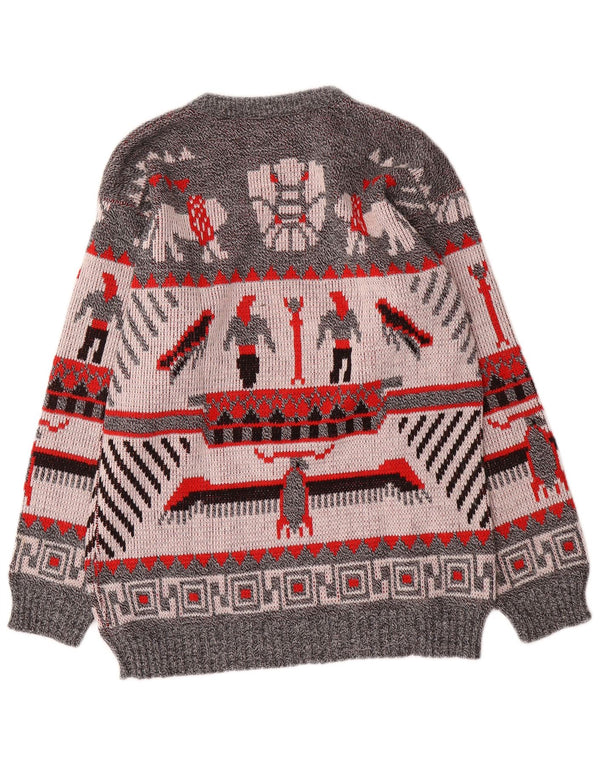 C&A Dame Grafisk Boat Neck Jumper Sweater UK 16 Stor Grå Geometrisk