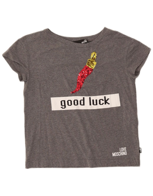 MOSCHINO Grafisk T-shirt top til kvinder IT 42 Medium Grey Flecked Bomuld