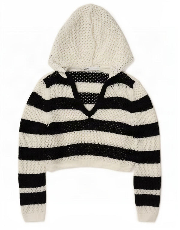 Zara Womens Crop Hæklet trøjetrøje UK 14 Medium Sort Stribet